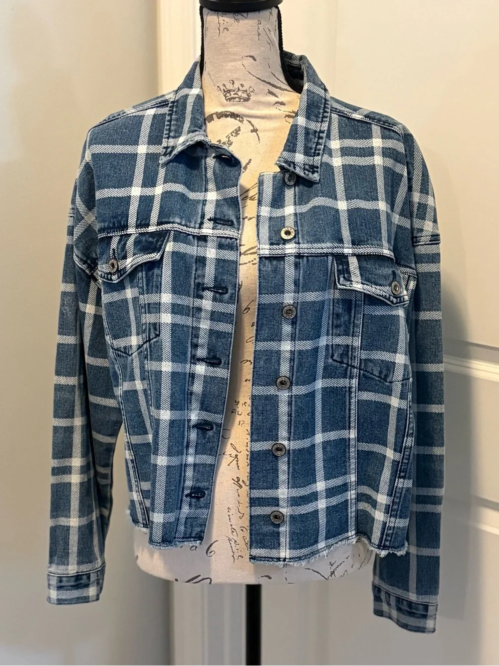 Lior Paris Plaid Denim Jacket Large Frayed Hem Button Front Shacket Blue